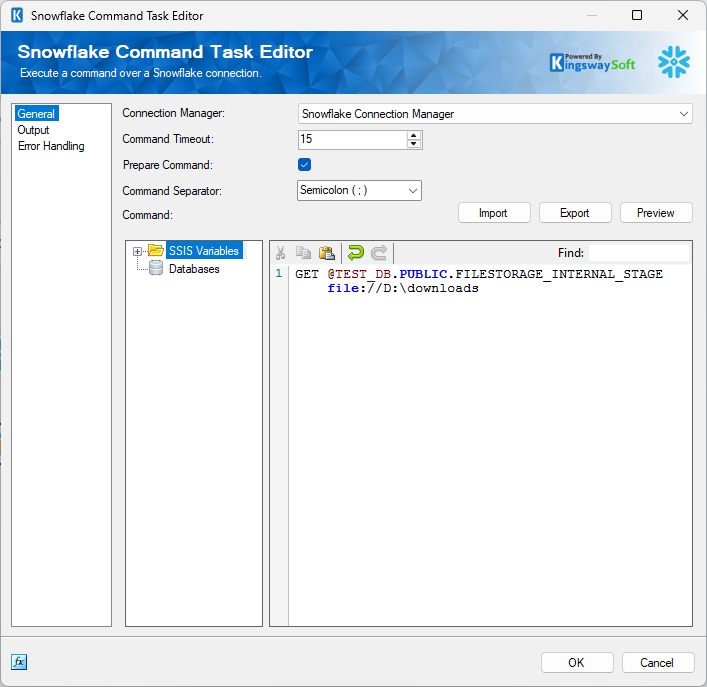 Use KingswaySoft Command Task to perform a GET command to download files